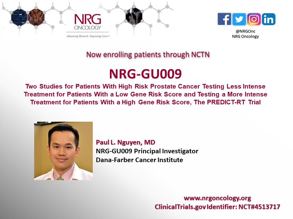 NRG Oncology (@nrgonc) on Twitter photo Study Activation Announcement: NRG-GU009 ow.ly/6ZXg50CM5dO
<a href="/DanaFarber/">Dana-Farber</a> <a href="/TheCTSU/">Cancer Trials Support Unit</a> <a href="/theNCI/">National Cancer Institute</a> #PREDICT-RT #clinicaltrials #prostatecancer Study Activation Announcement: NRG-GU009 ow.ly/6ZXg50CM5dO
<a href="/DanaFarber/">Dana-Farber</a> <a href="/TheCTSU/">Cancer Trials Support Unit</a> <a href="/theNCI/">National Cancer Institute</a> #PREDICT-RT #clinicaltrials #prostatecancer