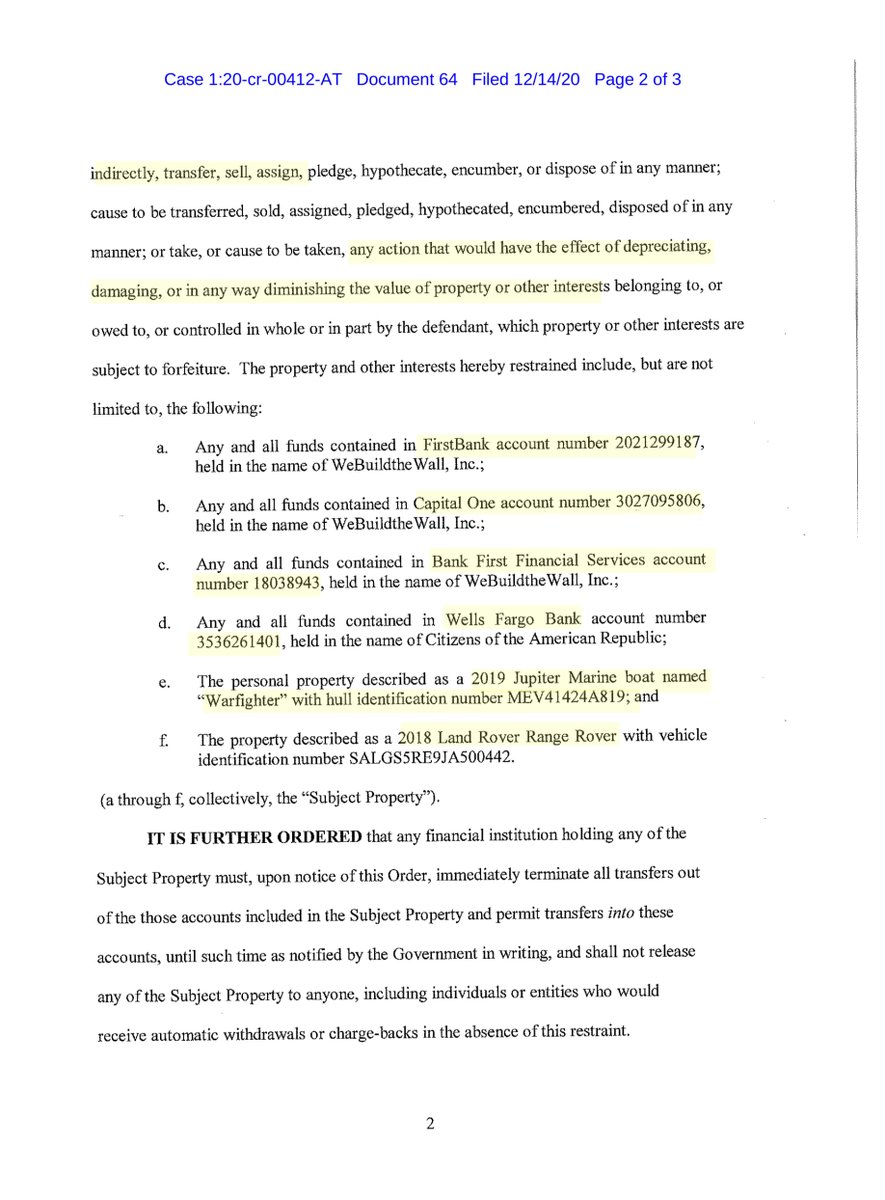POST-INDICTMENT RESTRAINING ORDERupon a finding of probable cause“that the Subject Property....ARE subject to restraint and forfeiture as proceeds of a conspiracy to commit wire fraud....property involved in money laundering” https://twitter.com/File411/status/1296670710153306112?s=20 https://ecf.nysd.uscourts.gov/doc1/127128165721