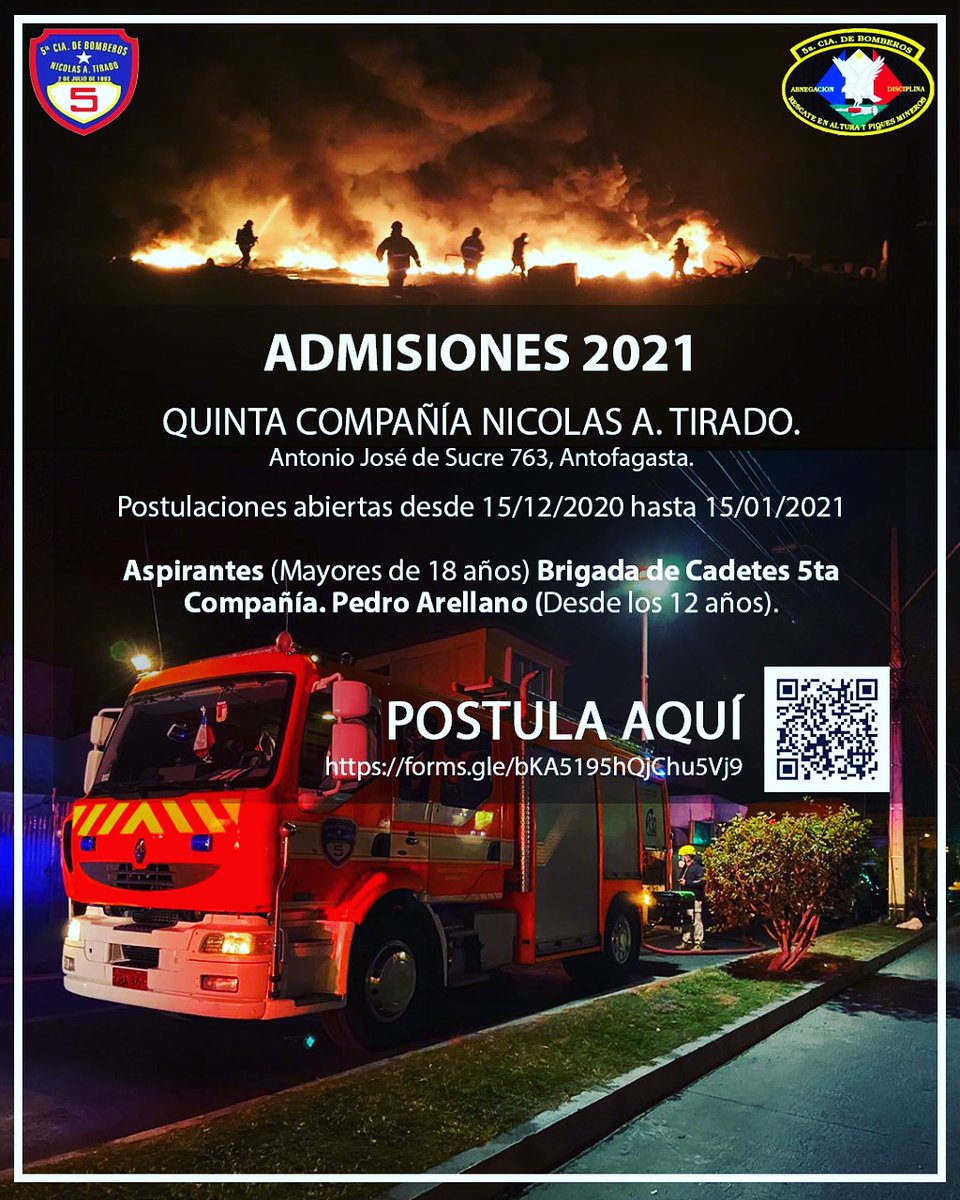 ¿Quieres ser Bombero? 

Quinta Compañía "Bomba Nicolas A. Tirado" abre sus postulaciones para ingresar como Aspirante o Cadete a nuestra Institución

Formulario Inscripción : forms.gle/bKA5195hQjChu5…

#Orgullodeserquintino