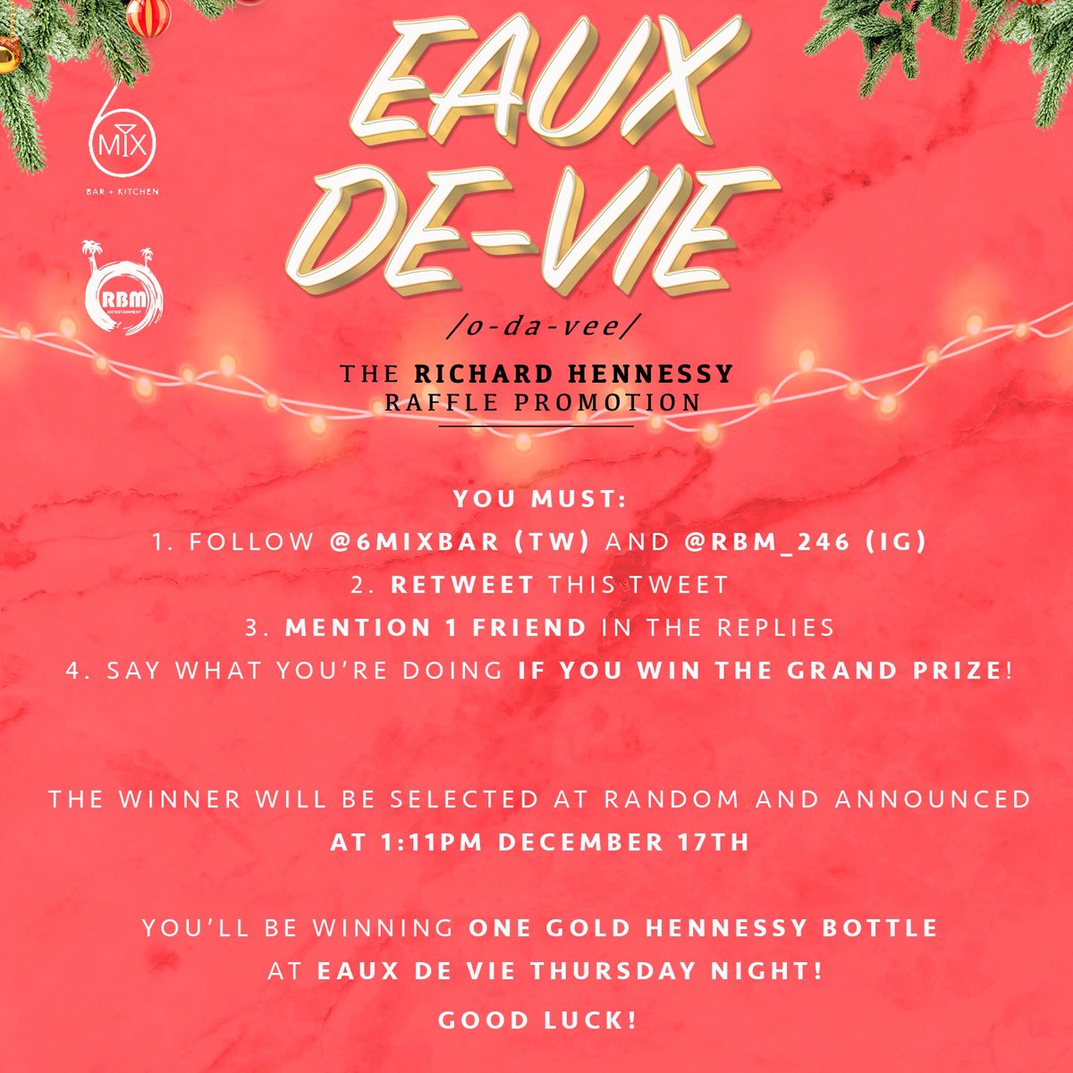 imDanger_Russ's tweet photo. Eaux De Vie!!! 🍾🍾🍾 The Vibe that keeps on giving 🎁 🎄 

If you’re coming on Thursday, here’s your chance to win a free Limited Edition Hennessy! 

Go follow @6mixBar !!! 

See rules below! https://t.co/hQeorkcc70