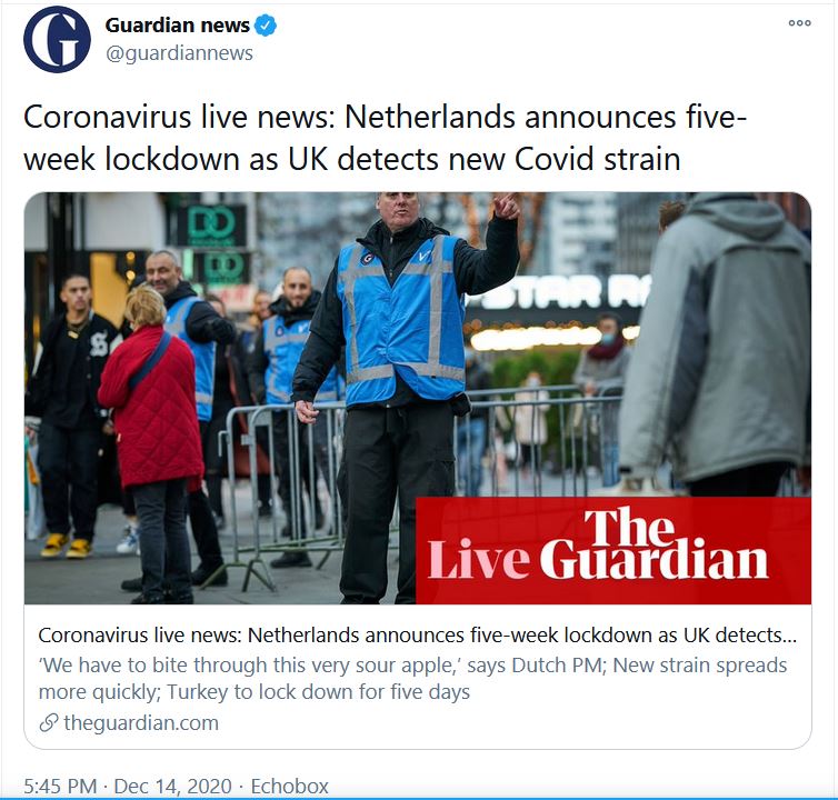 Seeing posts and articles about a new strain of the virus. As a reminder, we went through this in the spring and summer.WHO "is aware of a new variant of COVID-19 that has emerged in Britain, but there is no evidence the strain behaves differently to existing types of the virus"
