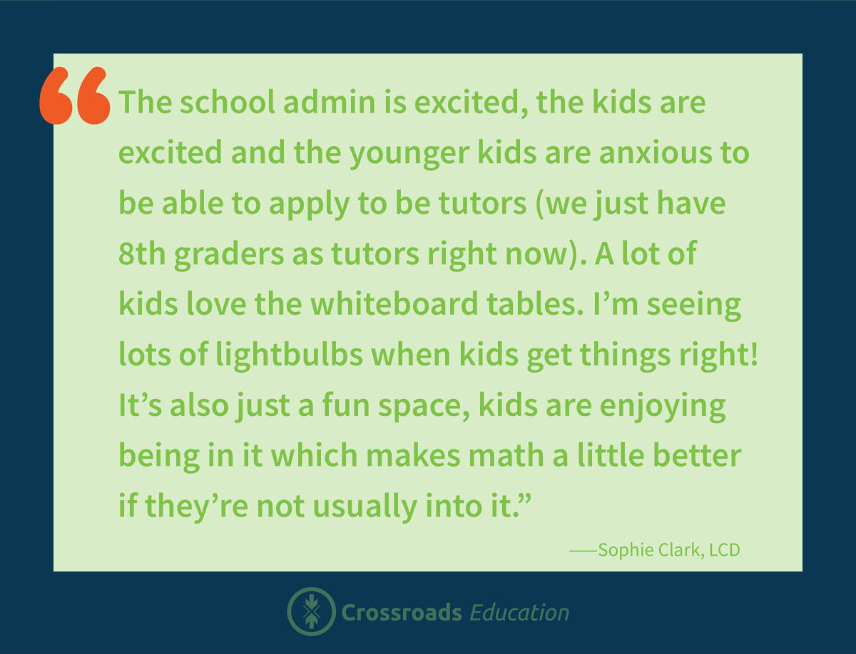 MathTrack_MTI's tweet image. The #LC at R.J. Baskett Middle School opened right after Thanksgiving and things are going great!
See attached for what LC Director Sophie Clark had to say! 
.
.
#education #learningcommons #collaboration #peertutors #cre #crossroads
