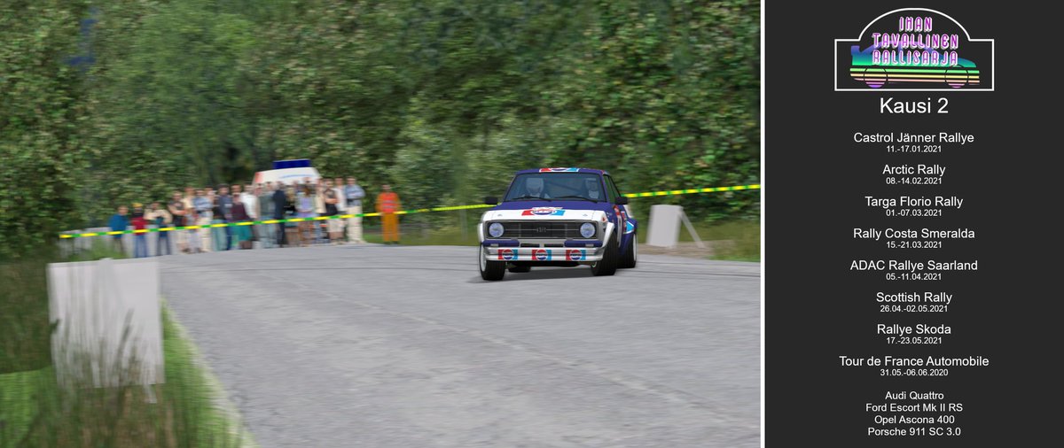 Ihan Tavallisen Rallisarjan toinen kausi alkaa tammikuussa! Alla kalenteri ja kaudella käytettävät autot👀

Ketkä on mukana?!?💪🏼

#RichardBurnsRally #IhanTavallinenRallisarja #simracingfi #Rally