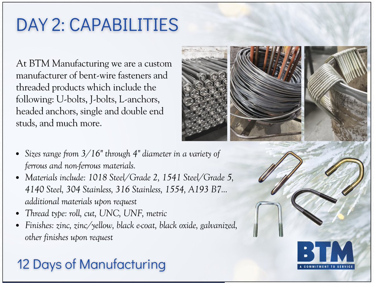 BTMMfg's tweet photo. Day 2 of #12DaysofManufacturing - check out @BTMMfg's capabilities.
#CustomManufacturer #CustomUbolts #CustomJBolts #Ubolts #JBolts #AnchorBolts #PerPrintSpecial #DomesticManufacturing #CustomManufacturing https://t.co/xOqdN04Tig