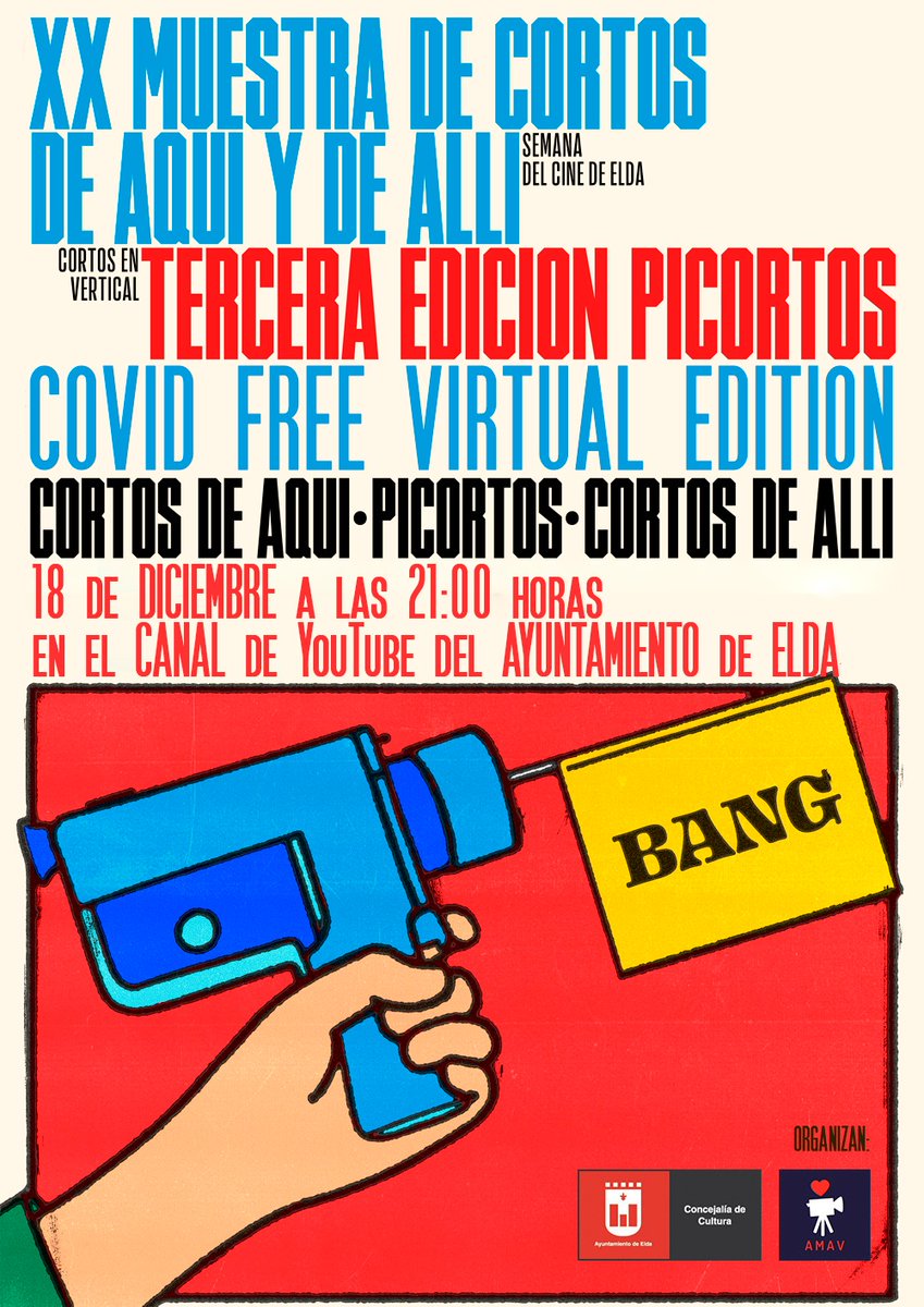 📅 El próximo viernes 18 a las 21:00 celebraremos la XX Muestra de Cortos de Aquí y de Allí.
📺 Esta vez será una COVID FREE VIRTUAL EDITION que se realizará desde el canal de YouTube del <a href="/ayto_elda/">Ayuntamiento de Elda</a>.
▶ Canal oficial: youtube.com/channel/UCaFFb…