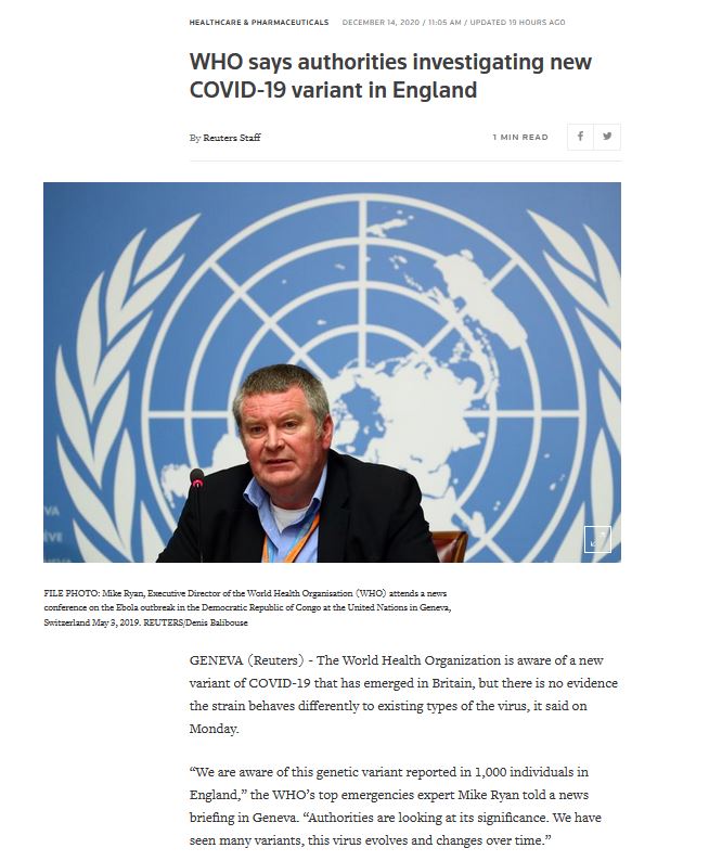 Seeing posts and articles about a new strain of the virus. As a reminder, we went through this in the spring and summer.WHO "is aware of a new variant of COVID-19 that has emerged in Britain, but there is no evidence the strain behaves differently to existing types of the virus"