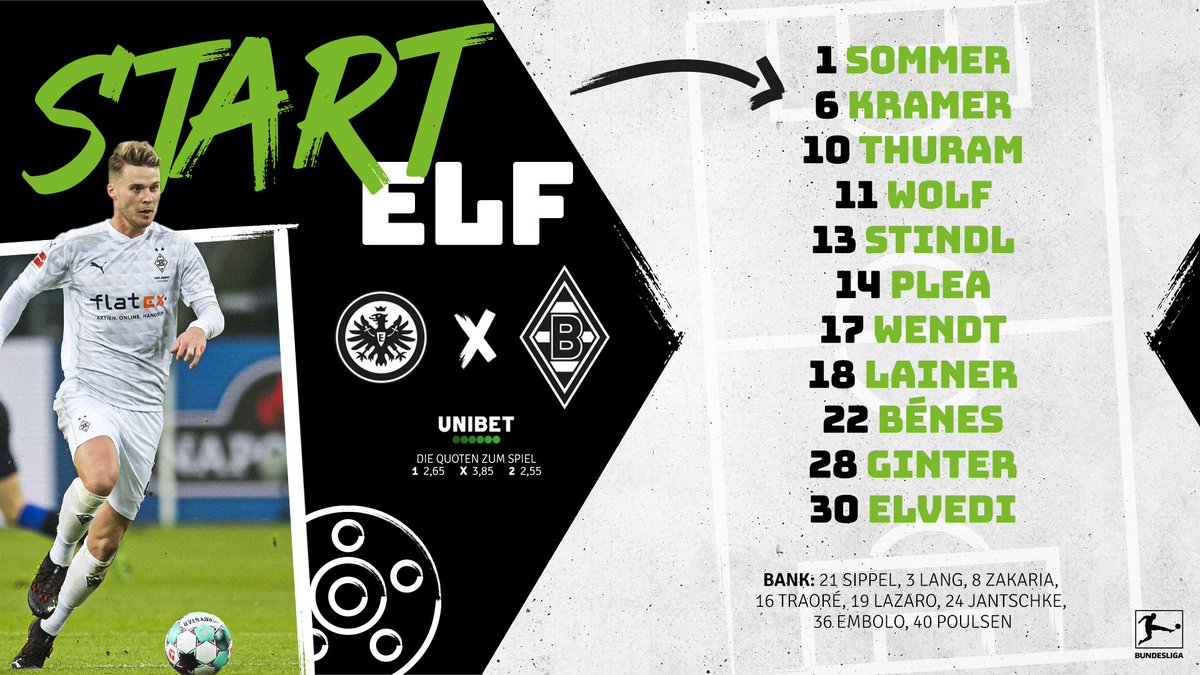 borussia's tweet photo. Mit dieser #FohlenElf gegen die @Eintracht 💪💚

#Bundesliga #SGEBMG https://t.co/jGxubdaAeD