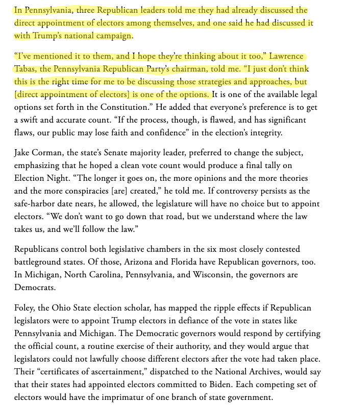 It really is amazing how much that article was shrugged off when it was first published given that it laid out exactly what the Trump campaign would end up trying.  https://www.theatlantic.com/magazine/archive/2020/11/what-if-trump-refuses-concede/616424/