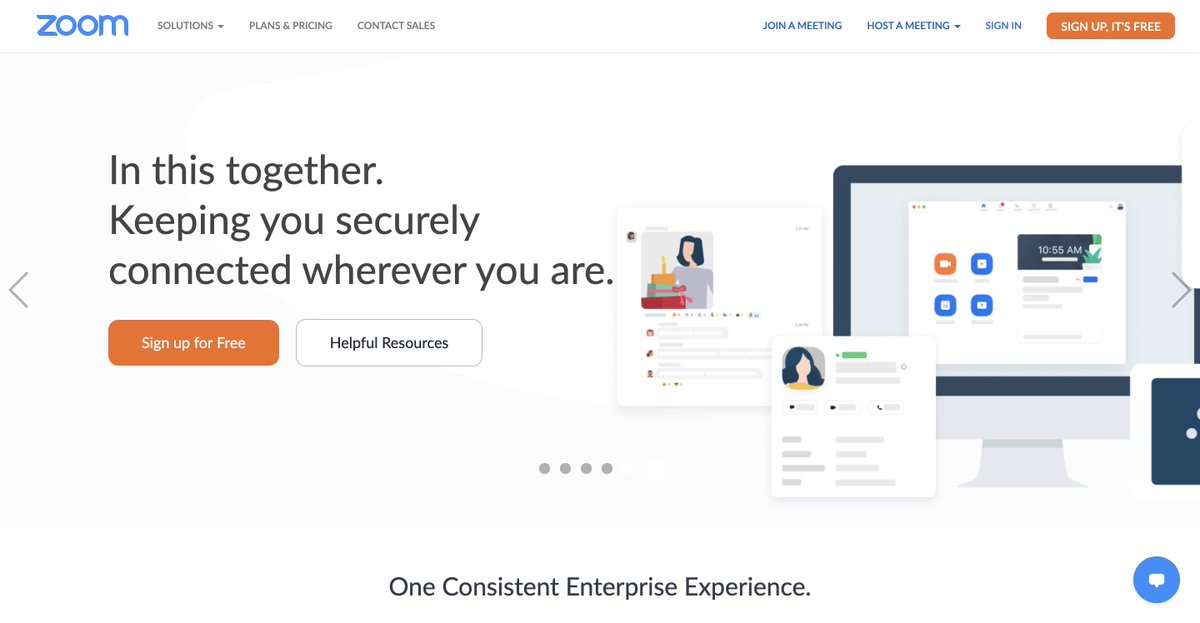 (3/6) Zoom exploded this year—due to COVID.Key messaging changes in their site:• "In this together" leans into the pandemic.• "Keeping you securely connected" handles the objection of security outside of the office.