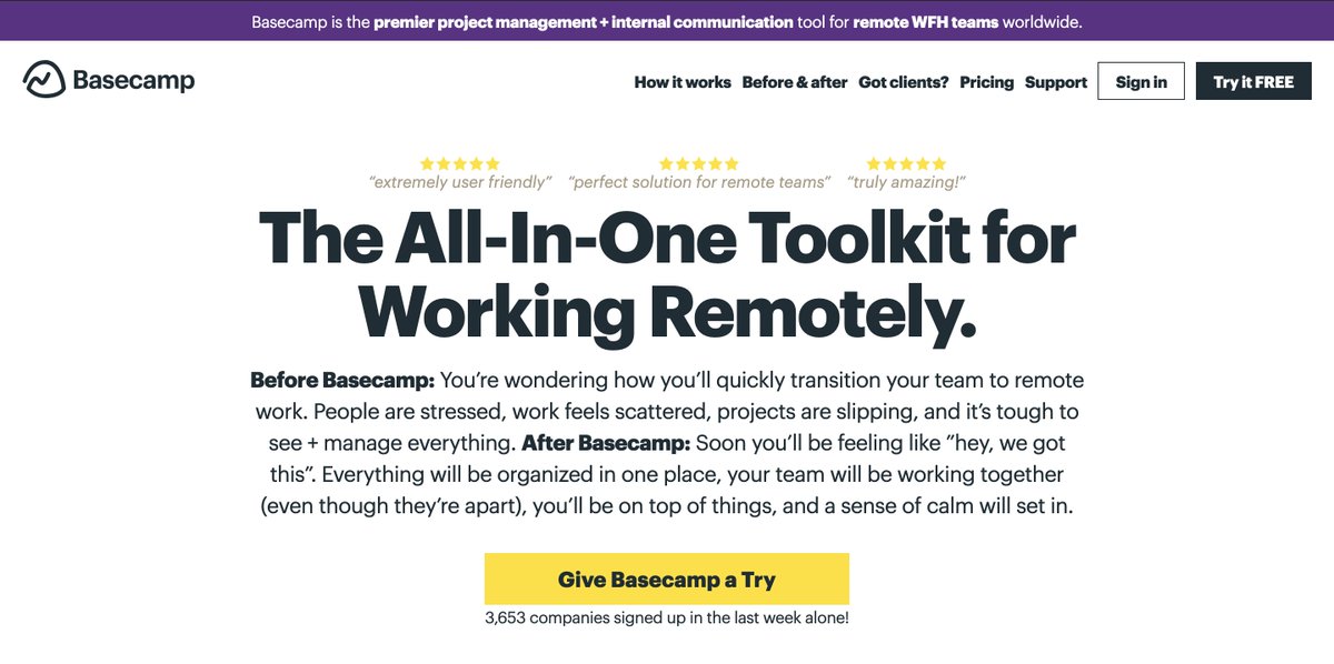 (4/6) Basecamp made significant copy changes:• Header: "The All-In-One Toolkit for Working Remotely"• Subheader: "You're wondering how you'll quickly transition your team to remote work" hits a critical pain point for managers.