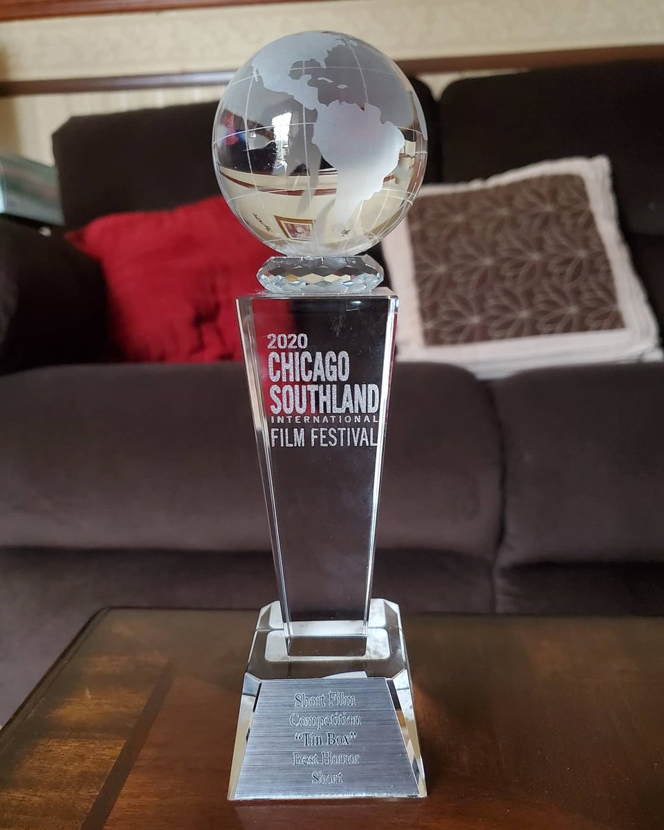 TinBoxMovie's tweet photo. Here's our trophy from @CsiffOfficial for winning Best Horror Short! Super proud of this. Shout out to the cast, crew, and everyone who has supported our lil movie. We won a thing! https://t.co/PDRljLMPE5