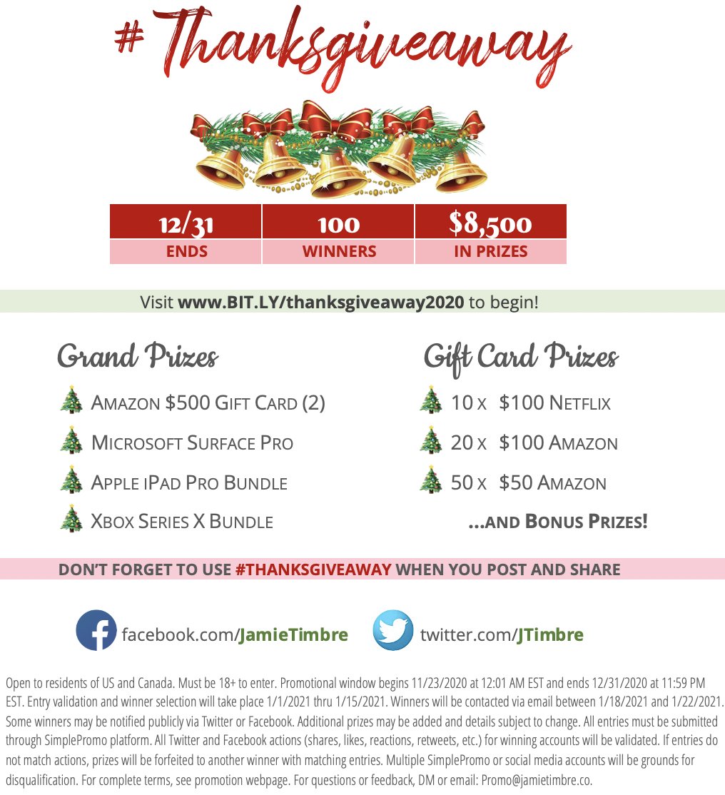 jtimbre's tweet image. 🎁Time is running out in our 5th annual #thanksgiveaway promotion— don't miss your chance at LOADS of gift cards, tablets, and other prizes valued over $8,500!!! With 100 winners, your odds are better than ever. 🔔Login daily @ bit.ly/thanksgiveaway… to earn entries! See photo⬇️
