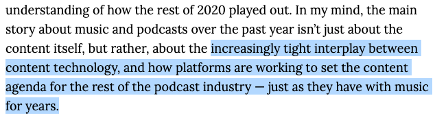For Hot Pod, I wrote a recap of the year in music and podcasts. tl;dr music streaming platforms are relying on podcasts as a piece in the wider chess game of subscriber retention, & setting the content agenda for the wider podcast industry in the process.  https://hotpodnews.com/year-in-review-platforms-and-the-shape-of-programming/