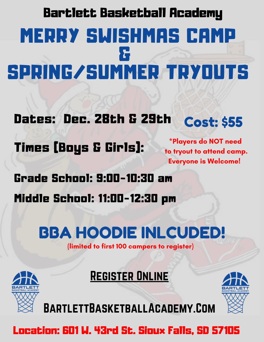 Bartlett_bball's tweet photo. 🎄 Merry Swishmas Skills Camp X Spring/Summer Team Tryouts ⁣
⁣
Join us for our 2020 Christmas Skills Camp. This will also be another Tryout opportunity for our Spring/Summer Teams. 🏀⁣ 
⁣
🚨 REGISTER ONLINE: ⁣ https://t.co/IOBwgNqXdb
⁣ https://t.co/RgmgB3QVL8