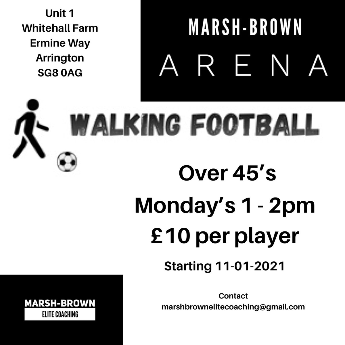 Are you aged 45+?

Are you looking to keep fit and active whilst also making new friends? 

Marsh-Brown Elite Coaching is starting a Walking Football group from 11th January to take place every Monday 1-2pm.

Use of the ‘welcome room’ after for refreshments and a chat! RT