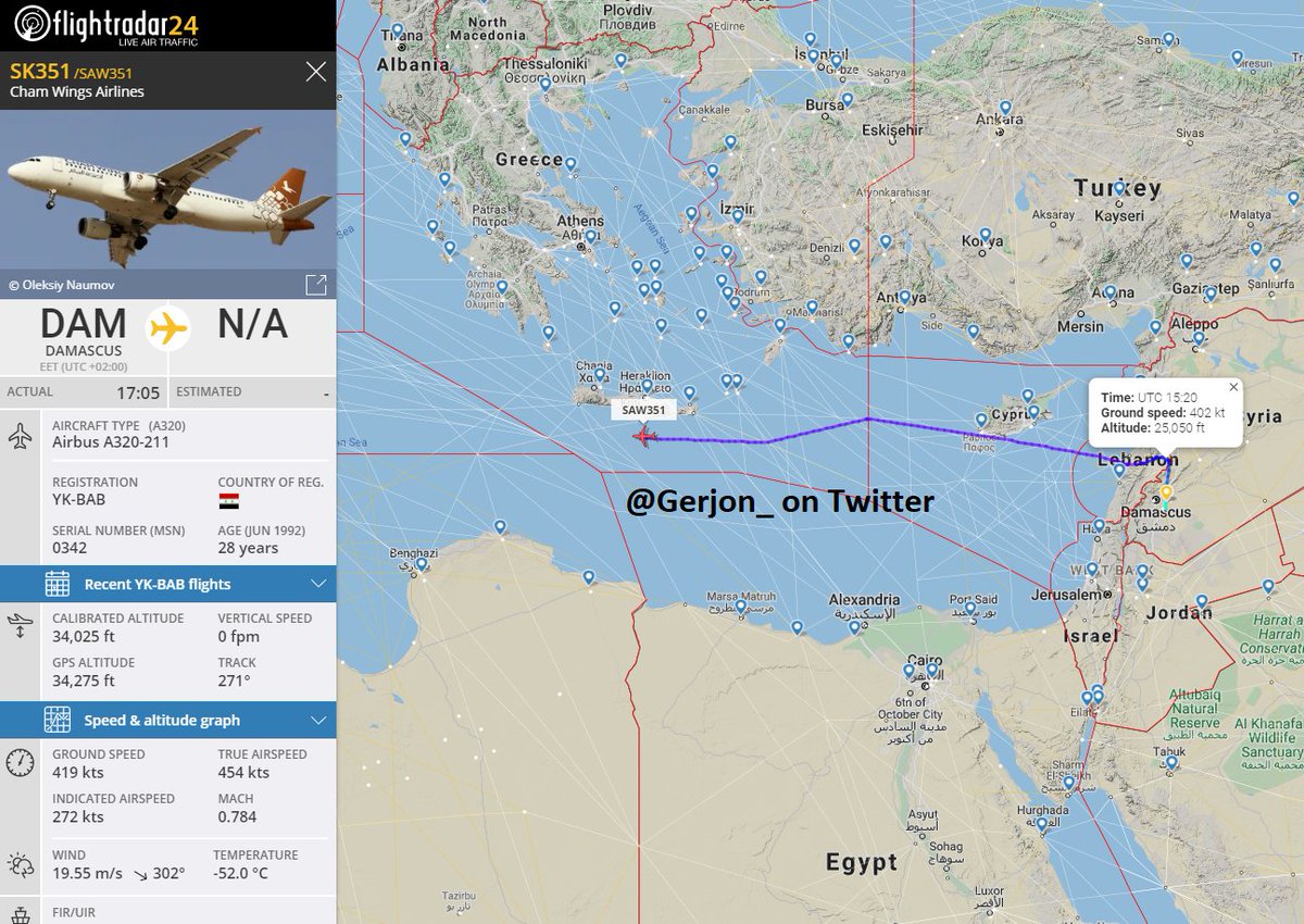 Gerjon_'s tweet photo. Cham Wings' 🇸🇾YK-BAB heading to 🇱🇾#Benghazi, #Libya one more time. Not sure why Flightradar indicates flight number SK351 rather than the usual 6Q351. Callsign was and remains #SAW351. https://t.co/j1MOpwxvzn