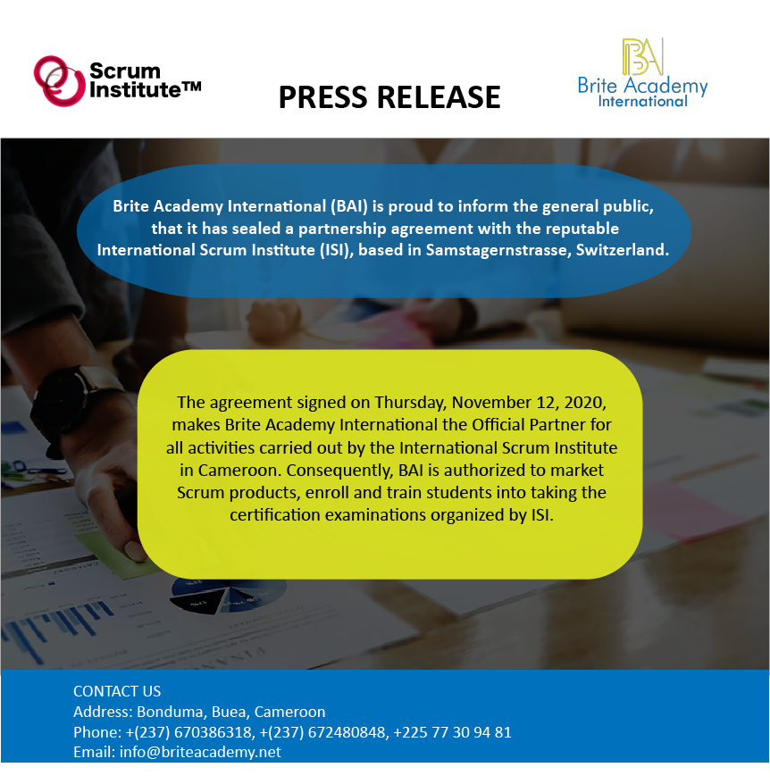 AcademyBrite's tweet photo. We are proud to announce Brite Academy International, as the Official Partner of the @ScrumInstitute in Cameroon. Thanks to this partnership, Cameroonian professionals seeking ISI certification can henceforth obtain it through us at more affordable rates. https://t.co/dRG4MWTAAY https://t.co/ou3mM94XxT