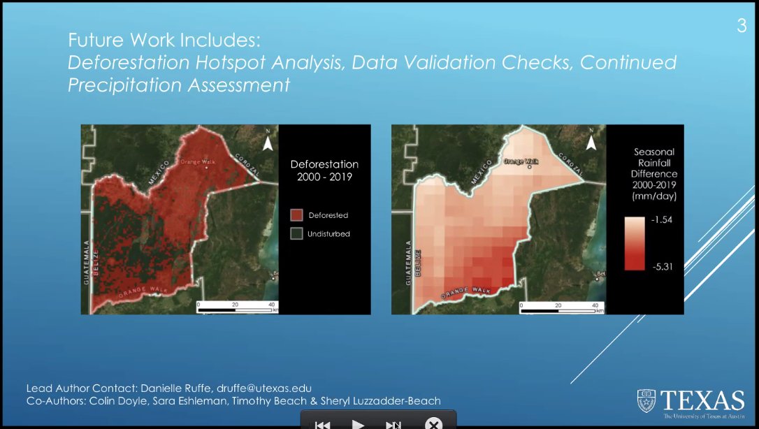  #AGU20: A pleasant surprise! Danielle Ruff of the  @UTAustin /  @MayaResearchPro presented about work in  #Belize using  #EarthEngine, and using the  #CHIRPS data from UCSB's  @ClimateHazards group, among others.  https://twitter.com/BZgeo/status/1338886507118141440