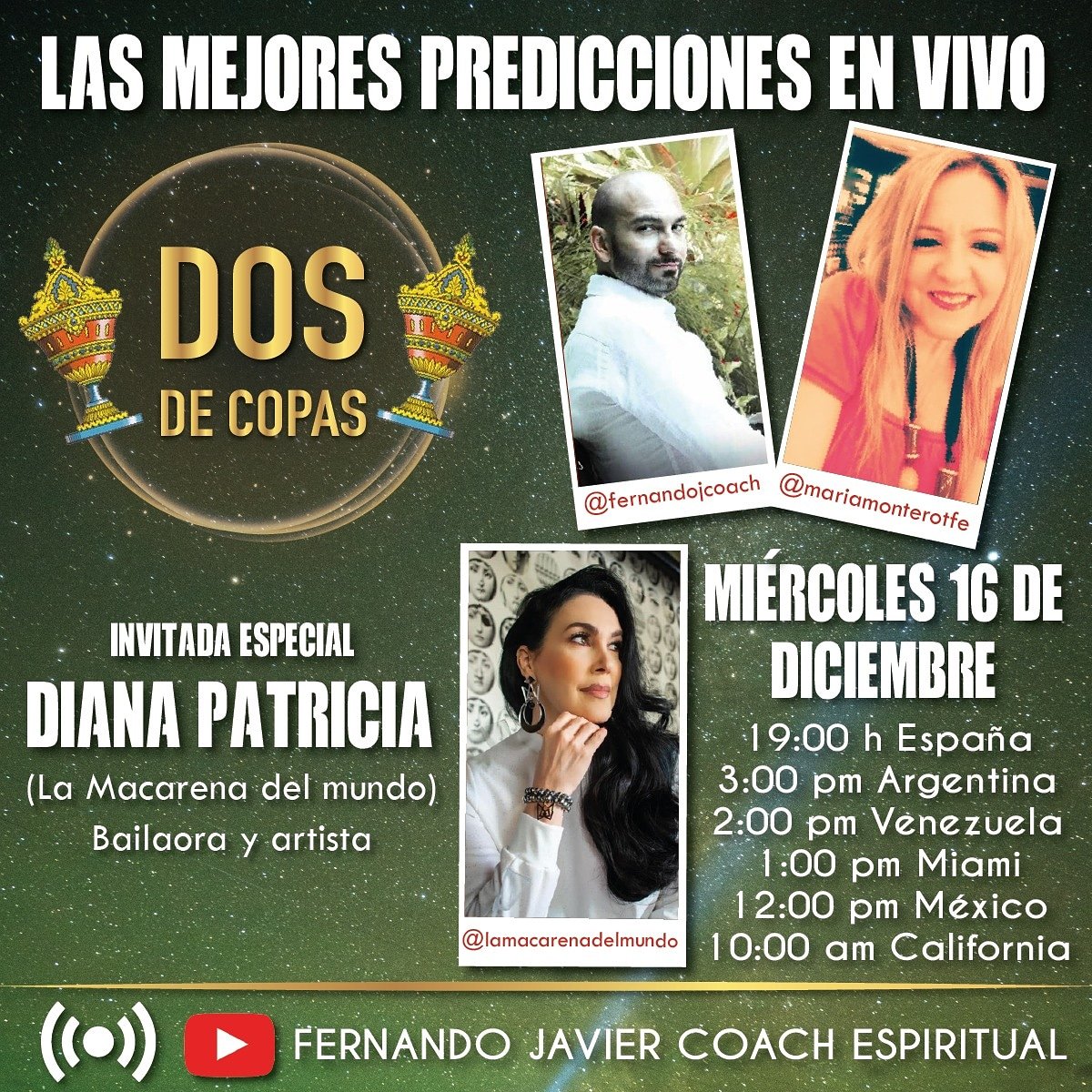 FernandoJCoach's tweet photo. La edición de #DosDeCopas de mañana miércoles #16Dic, estará cargada de predicciones y contará con la participación, directamente desde #Venezuela, la bailaora Diana Patricia @DianaPatricia1. Los esperamos en   https://t.co/IdheQZxcLg https://t.co/0OgM6Kls8t
