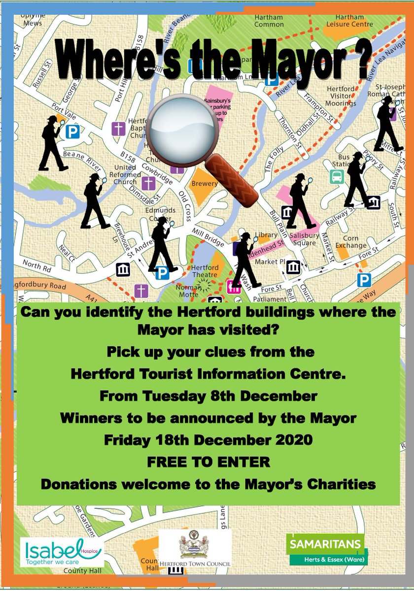 HertfordTC's tweet photo. Where's the Mayor? π
8th-17th December
Pick up a clue sheet from the Hertford Tourist Office and identify which buildings the Mayor has visited. Free to enter, Hertford themed prizes for the winners. Donations welcome to the Mayors chosen charities.
#isabelhospice #samariatans https://t.co/QqMI9xS68S