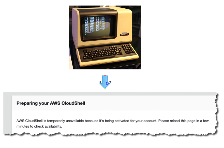 crichardson's tweet photo. After 38 years of software development, all I get is this lousy command line: #awscloudshell 🤣 https://t.co/kuAkJOakh3