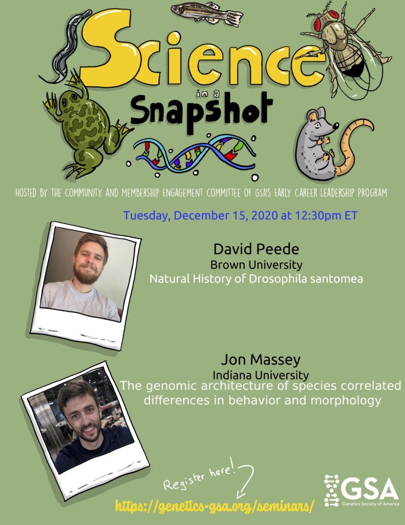 GeneticsGSA's tweet photo. Reminder! Science in a Snapshot seminar starts in 30 minutes https://t.co/PeTjmvDzNk
David Peede: Natural History of #Drosophila santomea
Jon Massey: The genomic architecture of species correlated differences in behavior and morphology

(Yes, there's still time to sign up!) https://t.co/1caGyggv56