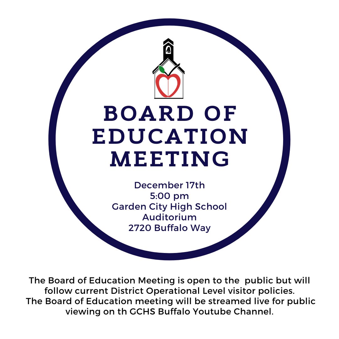 There will be a <a href="/USD457/">Garden City Public Schools USD 457</a> Board of Education meeting December 17th at 5:00 p.m. in the GCHS Auditorium.

The meeting is open to the public but will follow current District Operational Level visitor policies.

Meeting agenda &amp; information can be found at gckschools.com/b__o__e_/agend…