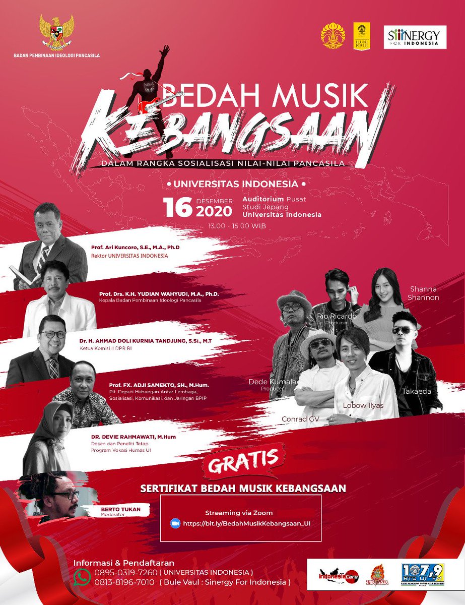 Vacuum_Noise's tweet photo. Badan Pembinaan Ideologi Pancasila bersama Sinergy for Indonesia, Indonesia Care &amp; Universitas Indonesia menyelenggarakan BEDAH MUSIK KEBANGSAAN DALAM RANGKA SOSIALISASI NILAI-NILAI PANCASILA

Ikuti acaranya secara online di: https://t.co/AzDRkNrI3L

#BedahMusikKebangsaanUI https://t.co/vDVLCjg0po