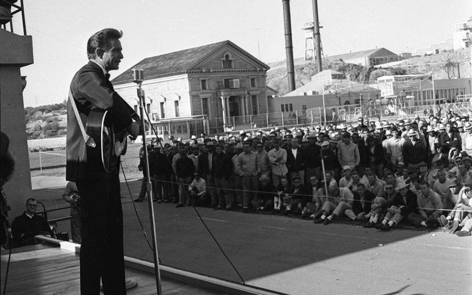 Cash performs at Folsom Prison on November 8, 1966. Photograph from the Sacramento Union Archives, D-350.

