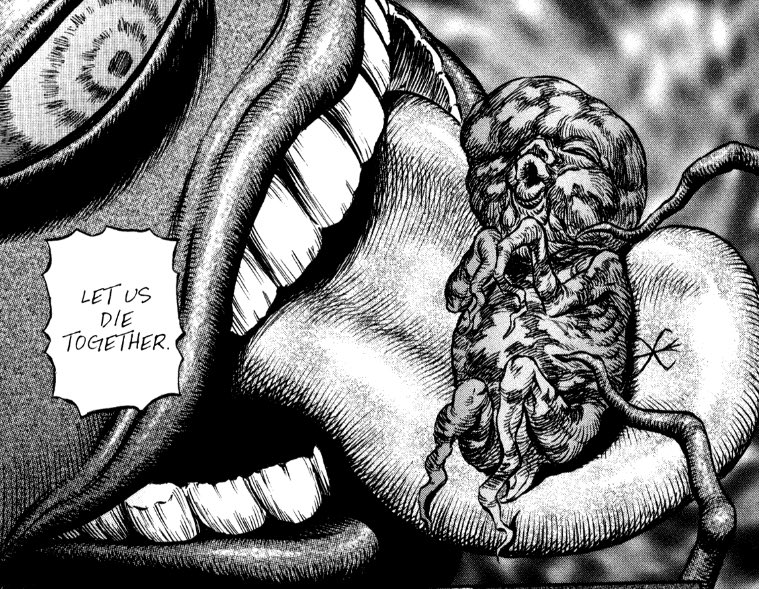 Étape 3: ces monstres doivent tuer Un maximum de gens, comme lors de l’éclipse, c’est un sacrifice nécessaire.Étape 4: que l’œuf du monde parfait, avant d’éclore en Griffith, avale un réceptacle démoniaque qui servira de base pour un corps pour Griffith.