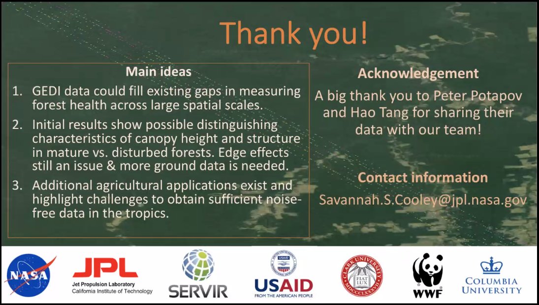 Next up at  #AGU20,  @Pteronura's collaborator Savannah Cooley is presenting on the use of  @GEDI_Knights data for  #forest monitoring in the  #Amazon, in the context of Dr. Pinto's ongoing  @SERVIRGlobal-funded project. https://twitter.com/BZgeo/status/1338891710215151617