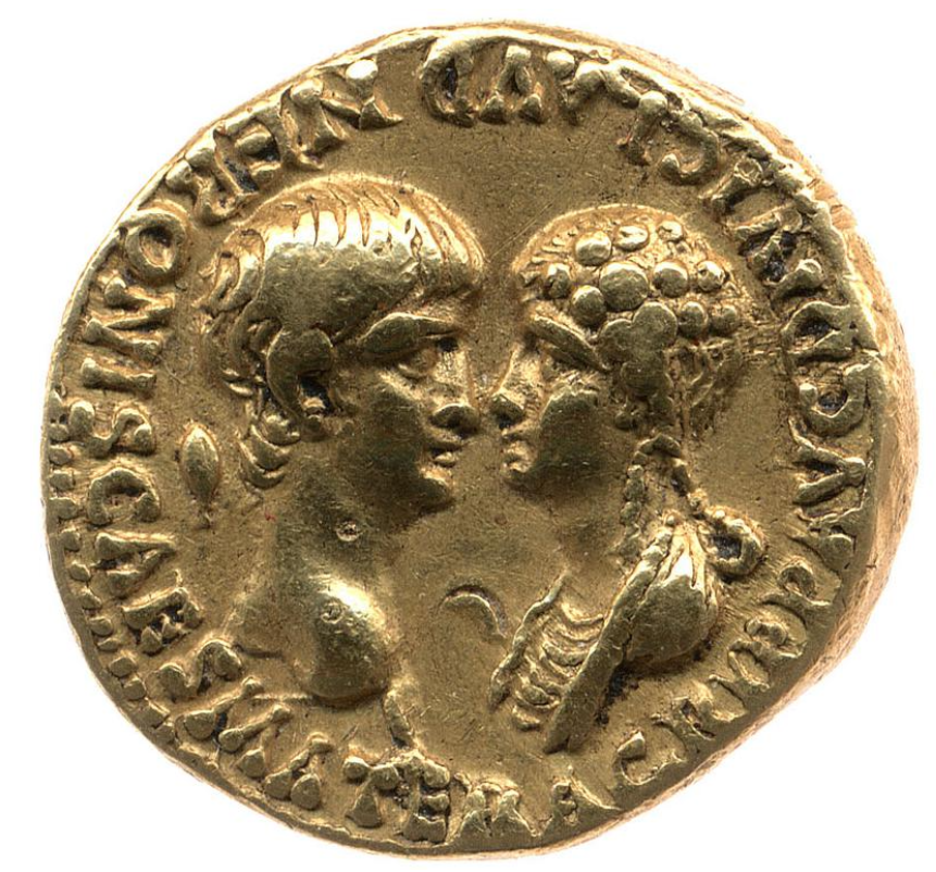 The first coin today is an aureus of AD 54, with an Obverse featuring portraits of Nero and his mother, Agrippina the Younger, facing one another. The Legend here AGRIPP AVG DIVI CL AVD NERONIS CAES MATER - 'Agrippina Augusta, wife of the Deified Claudius, mother of Nero Caesar -