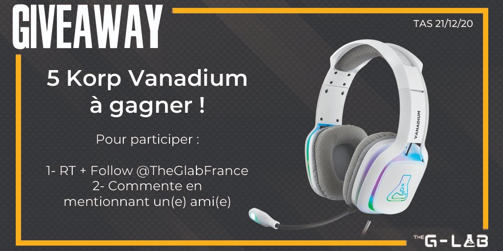 Et encore un nouveau #CONCOURS ! 🎁🎁

Tentez de gagner 5 Korp Vanadium ! 🎧

Pour participer :

🔁 Retweet ce tweet
✅ Follow <a href="/TheGLabFrance/">The G-Lab 🇫🇷</a>
💬 Identifie un(e) ami(e)

Tirage au sort des gagnants le 21/12/2020

Qui seront les 5 élus ? 🙏