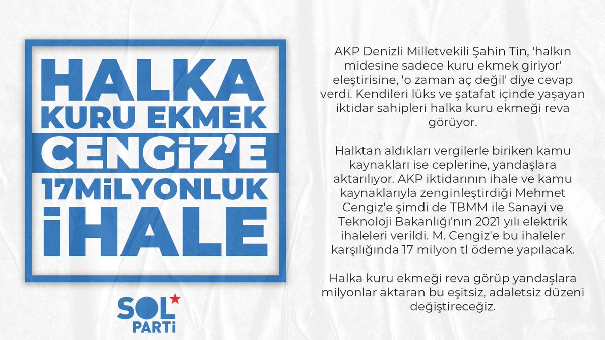 Halka kuru ekmeği reva görüp, yandaşlara milyonlar aktarıyorlar. Halktan çaldıklarınızın hesabını tek tek vereceksiniz. Bu eşitsiz, adaletsiz düzenin karanlığını dağıtmak için, bizden çaldıklarının hesabını sormak için birleşelim.
#solparti  #solpartimarmaris #kuruekmek