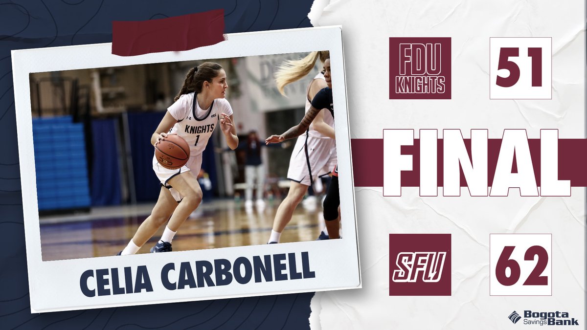 FDUKnightsWBB's tweet photo. FINAL: #FDU 51, SFU 62

Lindsey Mack: 9 points, 3 rebounds
Madison Stanley: 9 points, 2 blocks, 2 steals
Celia Carbonell: 6 points, 4 rebounds

The Knights take on the Red Flash again tomorrow starting at noon on NEC Front Row.

#KnightsVision | #WinTheDay https://t.co/yRBwsXWjuM