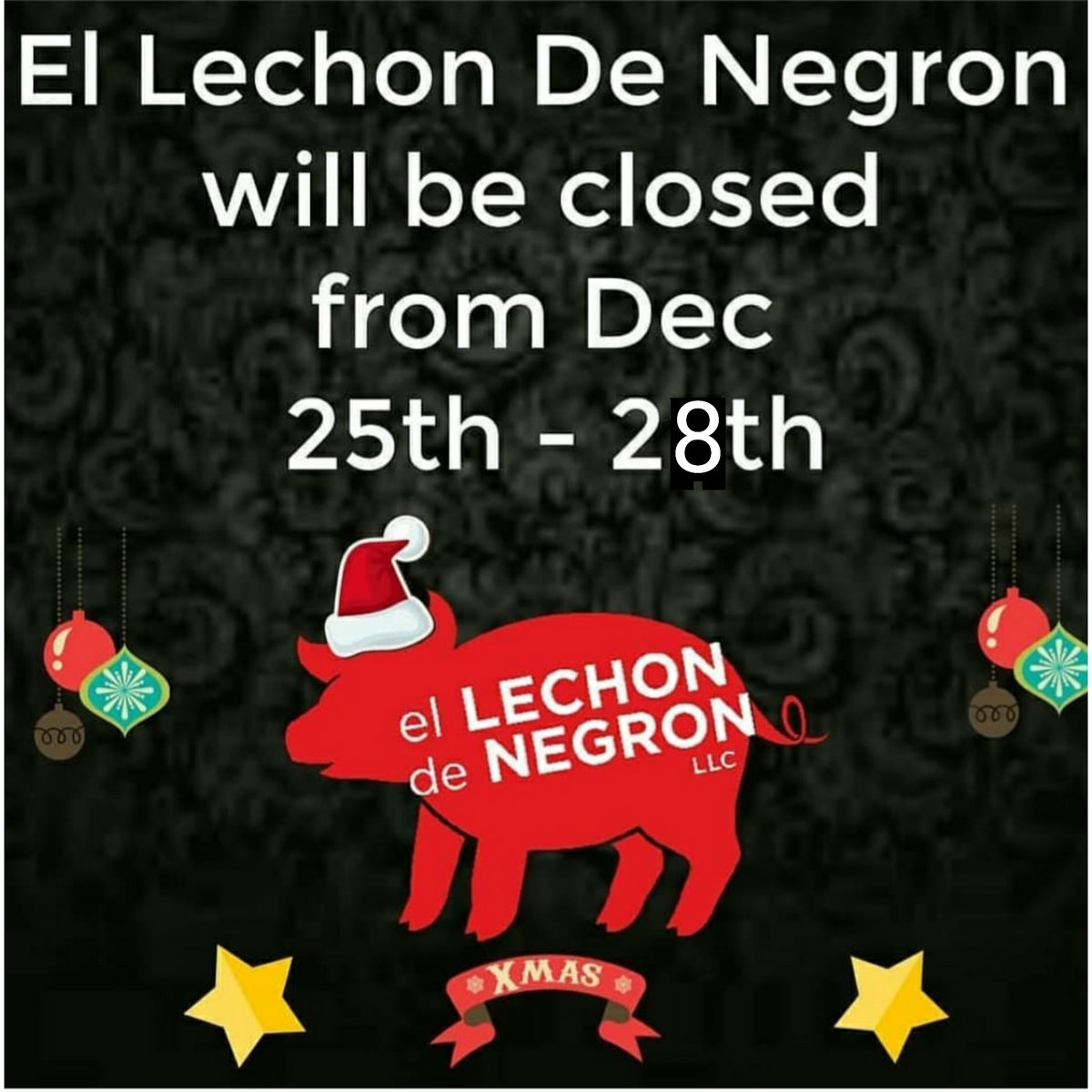 🎅🏽🤶🏽Just a heads up. 🎅🏽🤶🏽
Christmas eve we are open from 12 to 3 pm for catering pick ups ONLY..🎄🎁
.
Then we are closed the 25th through the 28th.🎄🎁🧸🎅🏽🎄🎁🧸
Re-open on the 29th
.
#christmasvacation #feliznavidad