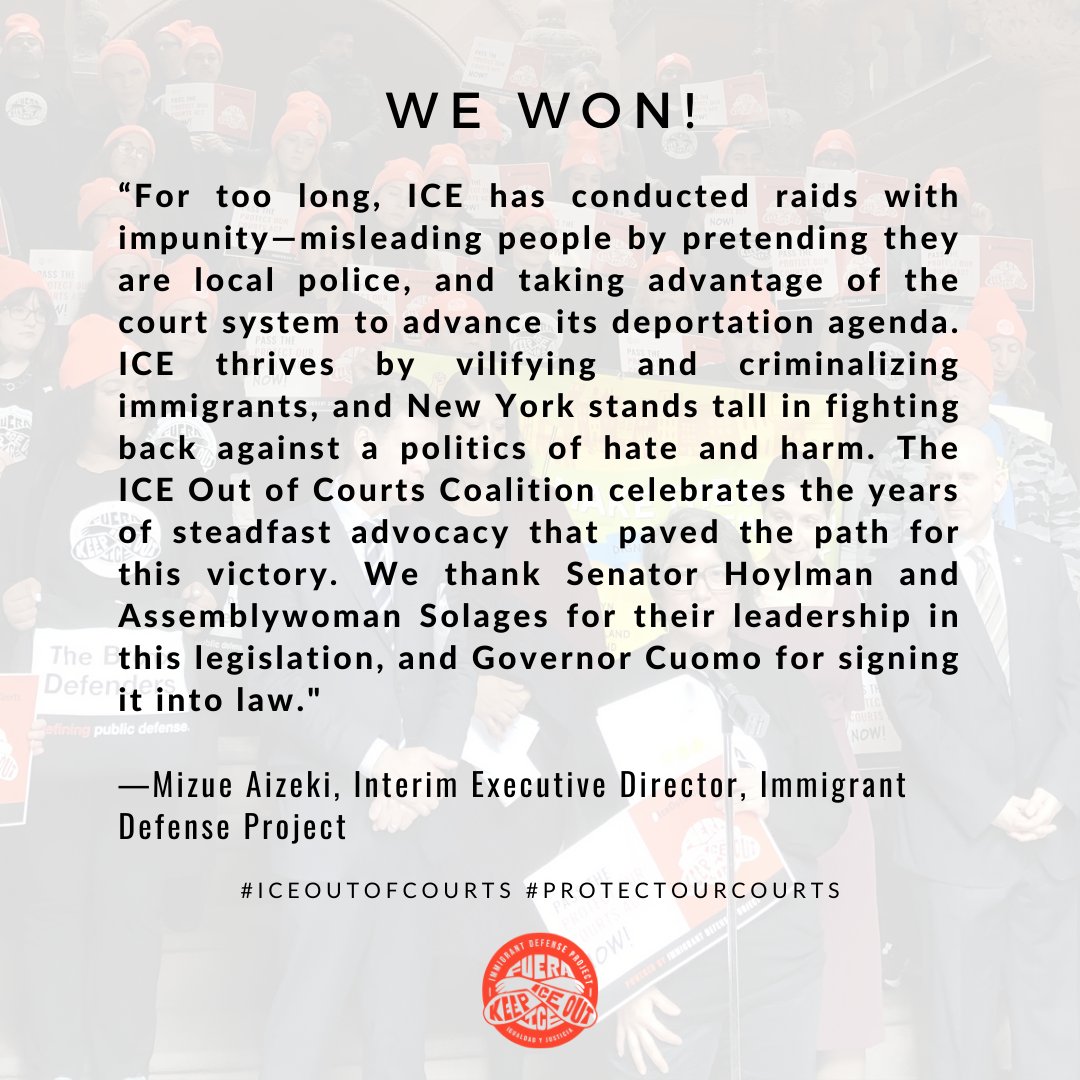 BREAKING: #ICEOutofCourts is OFFICIALLY the law of the land in NY State! @NYGovCuomo signed the bill! #ProtectOurCourts #FueraICE
