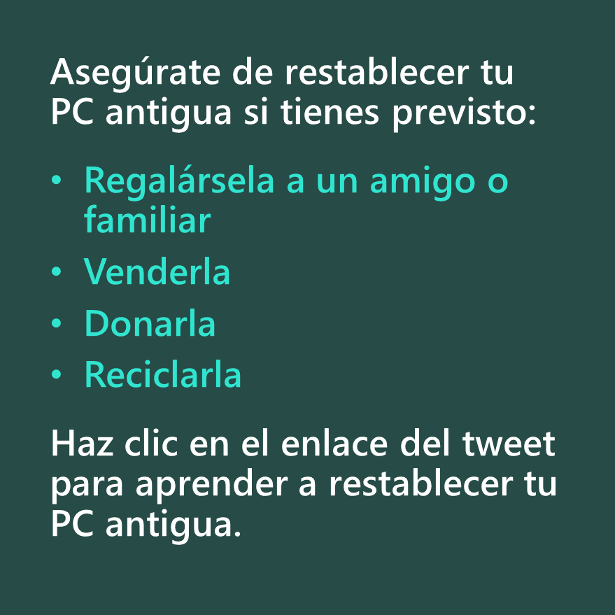 MicrosoftAyuda's tweet photo. "¿Tu nueva PC está en camino?
¿Qué tienes previsto hacer con tu PC vieja?

Paso 1: Limpia tus datos ➡ https://t.co/epArDsQ5ja. https://t.co/n4LOghT0HP