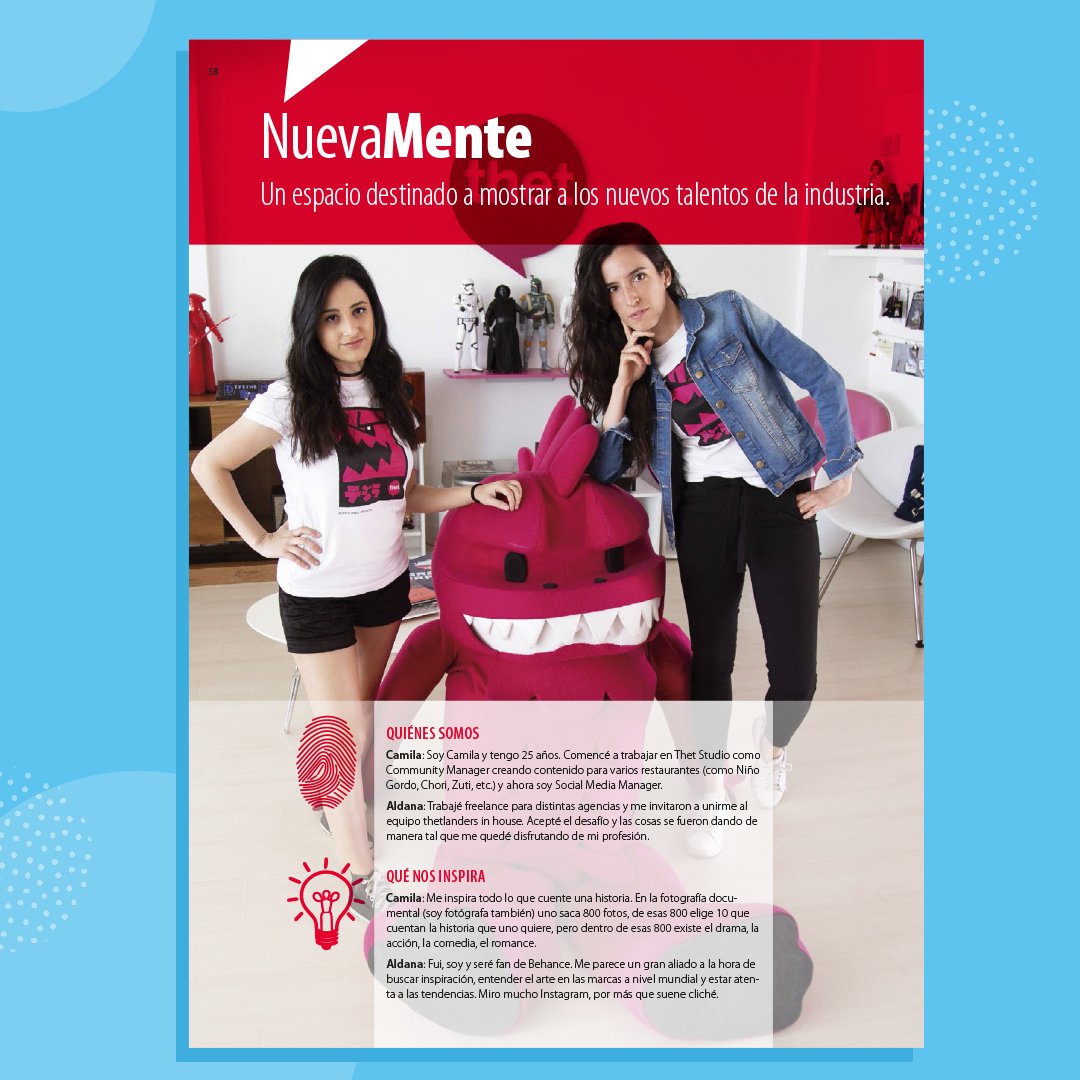 ThetStudio's tweet photo. ¡Extra, extra! 📰 Aldana y Camila, dos thetlanders de nuestro equipo fueron entrevistadas para el nuevo número de @DossierNet en donde hablaron de sus fuentes de inspiración y su visión dentro del mundo de la publicidad. Obvio que Thetzilla no podía faltar en la foto 😉 https://t.co/auD6a1iL10