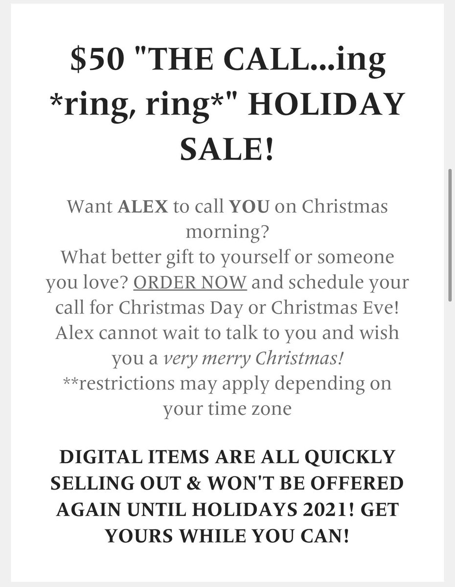 alexbandnews's tweet photo. ❗️SUPER HOLIDAY SALE ❗️
For one week only:
• $250 “This SONG is for YOU!”
• $100 “ADRIENNE” who?
• $50 “THE CALL...ing *ring, ring*
.
GET YOUR SPECIAL ITEM WHILE YOU CAN!
❕https://t.co/xC7FbhVpSe❕
#alexbandstore #alexband #thecalling #alexbandofthecalling @alex_band https://t.co/Tb10PmfAcj