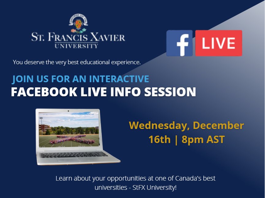 StFXJohn's tweet image. We are just over 24 hours away from our annual Facebook Live Webinar. @StFXNia and I will be sharing everything you need to know about @stfxuniversity. Check it out at 8pm AST tomorrow on the StFX University Facebook page.