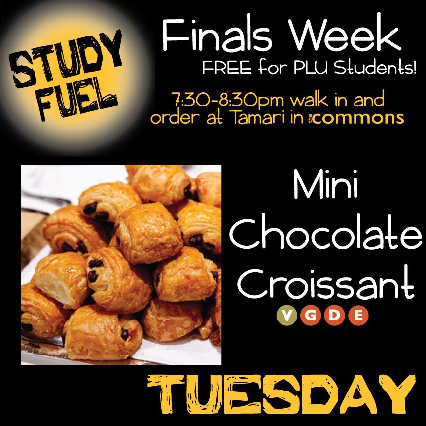 pludining's tweet image. Last night of Finals Treats! Stop by Tamari between 7:30-8:30 and get mini chocolate croissants! Baked fresh this morning!! #golutes #plufood