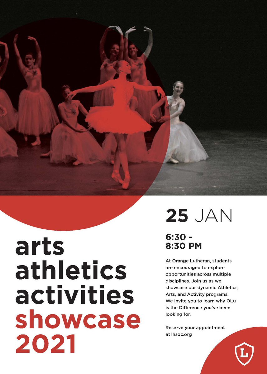 Arts, Athletics, and Activities Showcase 
January 25, 2020 // 6:30 - 8:30 PM
•
Join us as we showcase our dynamic Athletics, Arts, and Activity programs.
•
Reserve your appointment at the link! lhsoc.org/admissions/adm…