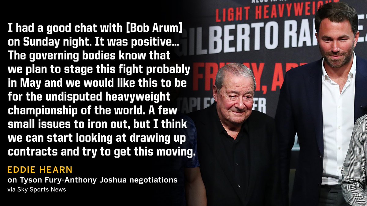 ESPNRingside's tweet photo. Eddie Hearn says he's working with Bob Arum on a Fury-Joshua fight for May 2021 🗓️ https://t.co/8OcoWTuNQl