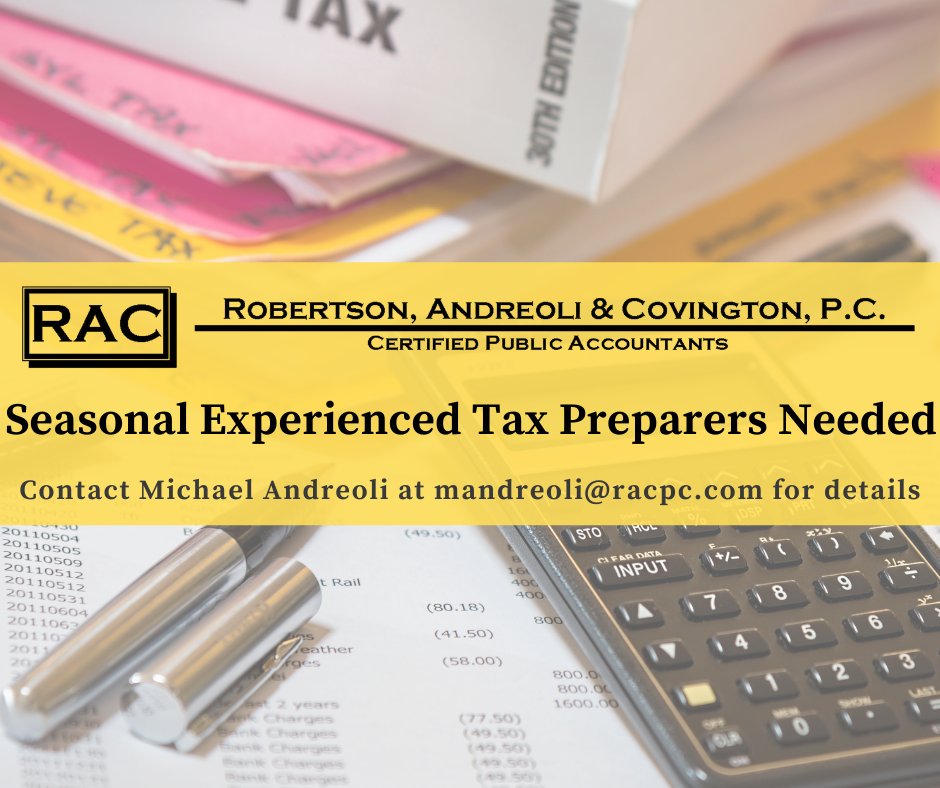 #ChamberMember Robertson, Andreoli &amp; Covington is seeking Seasonal Experienced Tax Preparers - Contact Michael Andreoli for more details!
northbaldwinchamber.com/Job/1132?retur…