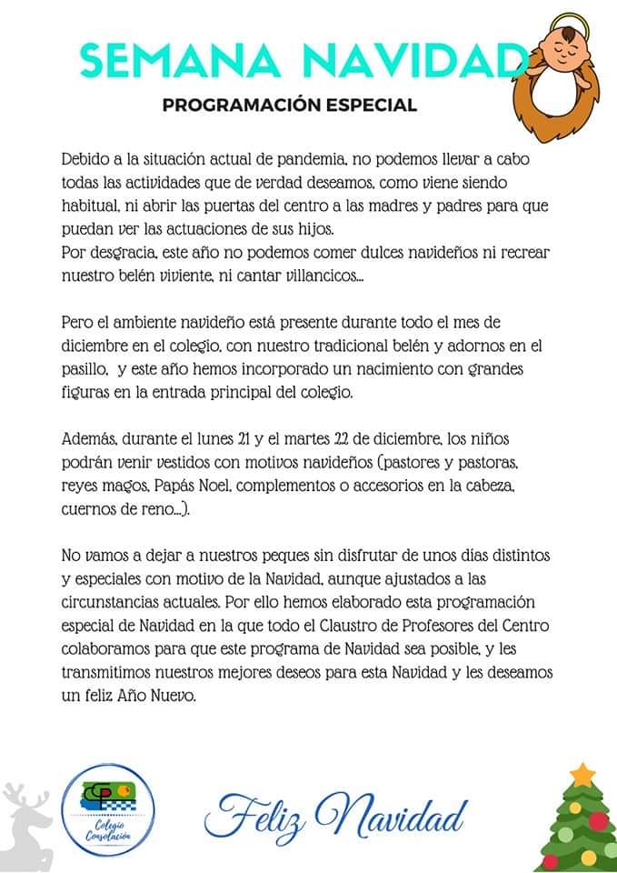 CP_Consolacion's tweet photo. Programación especial Navidad⛄🎄🎅
Serán unas Navidades diferentes pero la ilusión y las ganas siguen siendo las mismas. 🤗☃️
#programacionnavidad #navidad #festivalnavideño #colegioconsolacion
@AytMolinaSegura @FuensantaMarti8 https://t.co/qV94tVnrTO