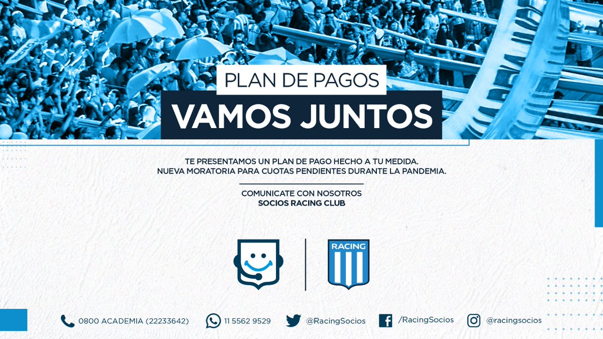 RacingSocios's tweet photo. Si la Pandemia te jugó una mala pasada durante todos estos meses y querés poner tu pasión al día, conocé todos los Planes de Moratoria y Facilidades de Pago 🎓

Queremos seguir estando cerca tuyo 💙

Contáctanos al:
📞 0800 ACADEMIA
�� WhatsApp +5491155629529

#RacingSosVos 💙 https://t.co/LoaobjF8fM