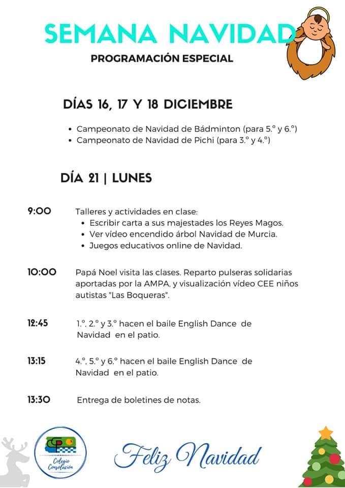 CP_Consolacion's tweet photo. Programación especial Navidad⛄🎄🎅
Serán unas Navidades diferentes pero la ilusión y las ganas siguen siendo las mismas. 🤗☃️
#programacionnavidad #navidad #festivalnavideño #colegioconsolacion
@AytMolinaSegura @FuensantaMarti8 https://t.co/qV94tVnrTO