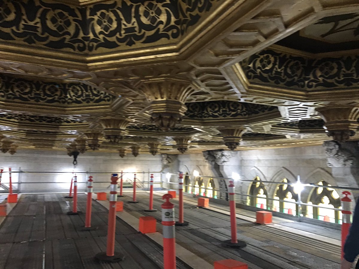 We also went up to the Senate ceiling, a plaster ceiling with gold foil that will be restored to its full glory as part of renovation. Among the carvings here (yes, more) is one of Joan of Arc (southwest corner).  #cdnpoli