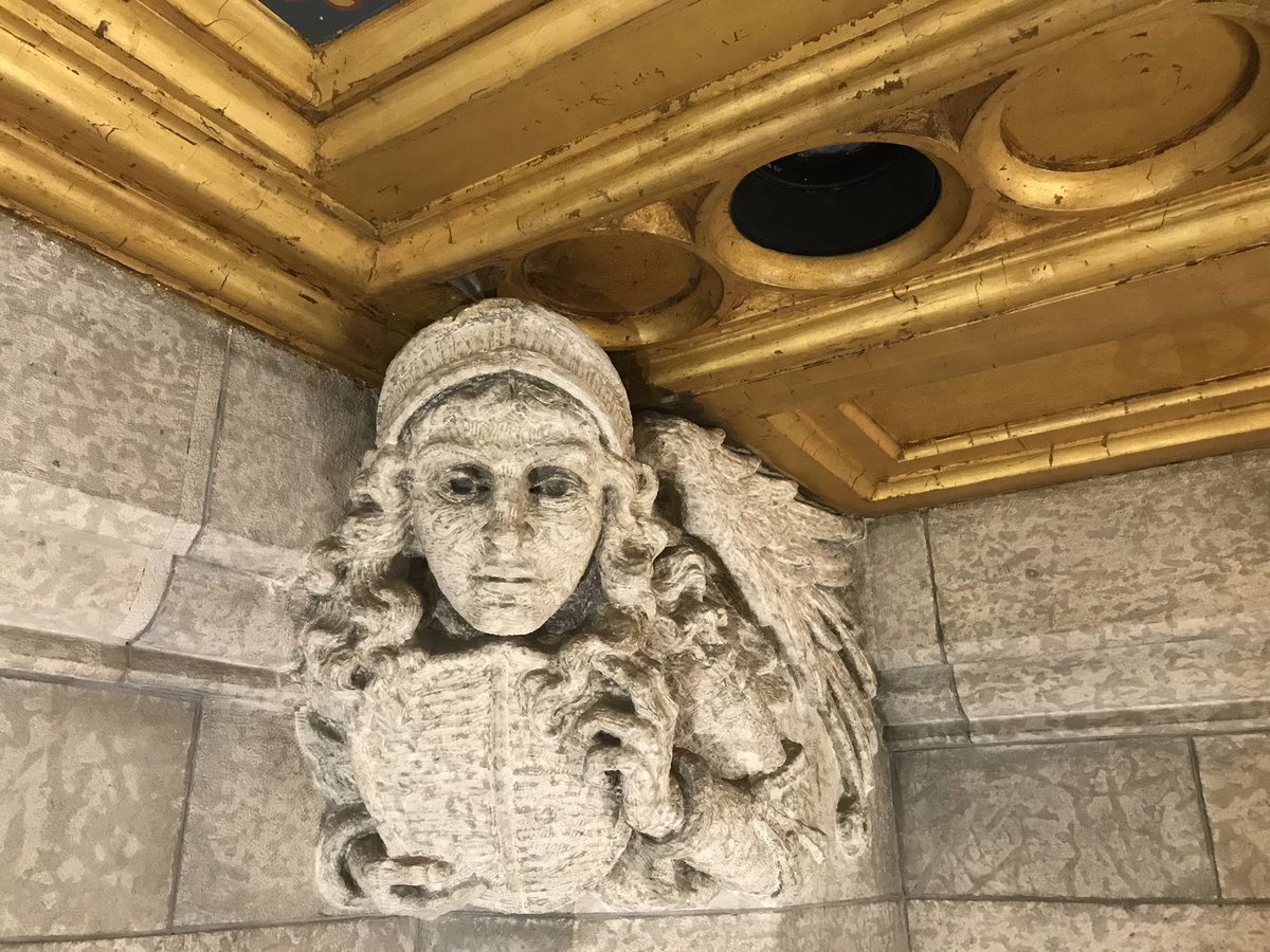 We also went up to the Senate ceiling, a plaster ceiling with gold foil that will be restored to its full glory as part of renovation. Among the carvings here (yes, more) is one of Joan of Arc (southwest corner).  #cdnpoli